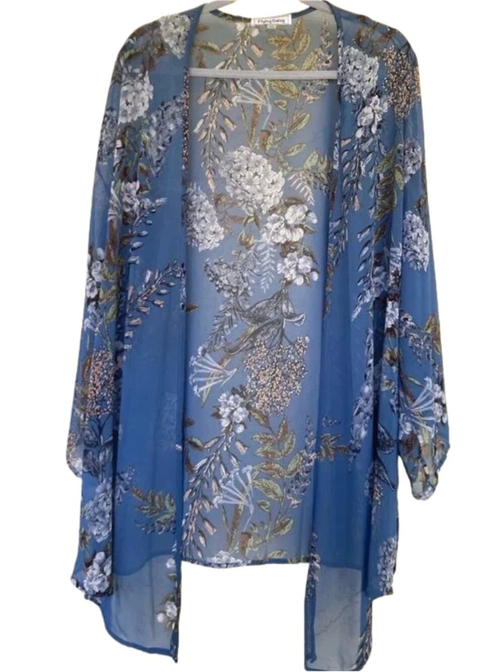 Flying Daisy Floral Sheer Kimono Top Jacket in Slate Blue with Flowy Sleeves